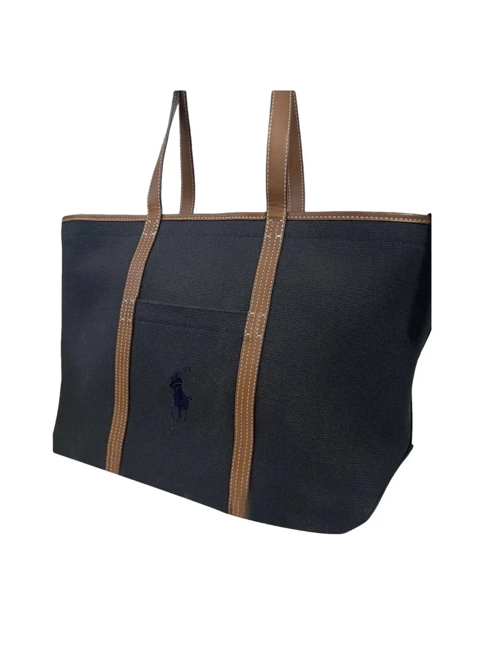 Polo Ralph Lauren Navy Canvas Tote with Brown Leather Straps